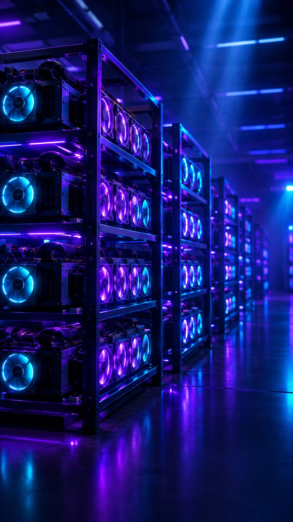 Rows of mining rigs with glowing fans in a dark data center